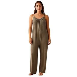 Minimalist Lagenlook Wide Leg Jumpsuit Oatmeal Tan Adjustable Straps Size Large